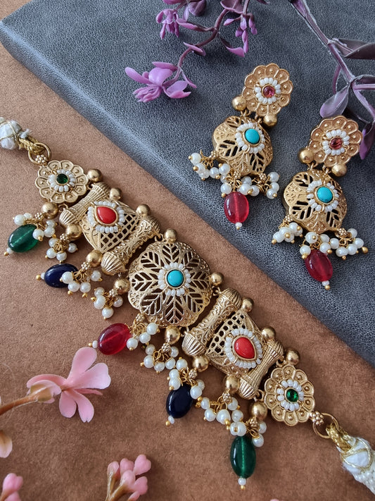 RUNJHUN GOLD PLATED MULTI CHOKER SET FOR WOMEN