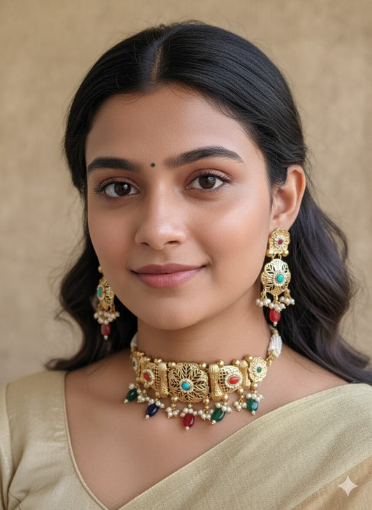 RUNJHUN GOLD PLATED MULTI CHOKER SET FOR WOMEN