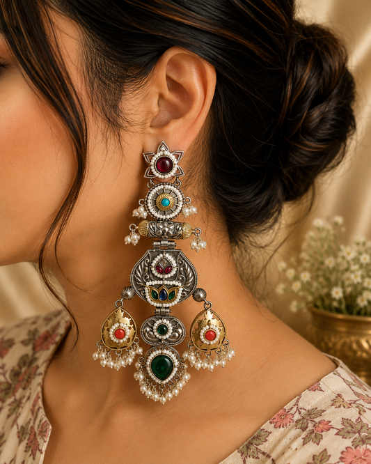 RANJHANA LONG DUALTONE BRASS EARRINGS FOR WOMEN