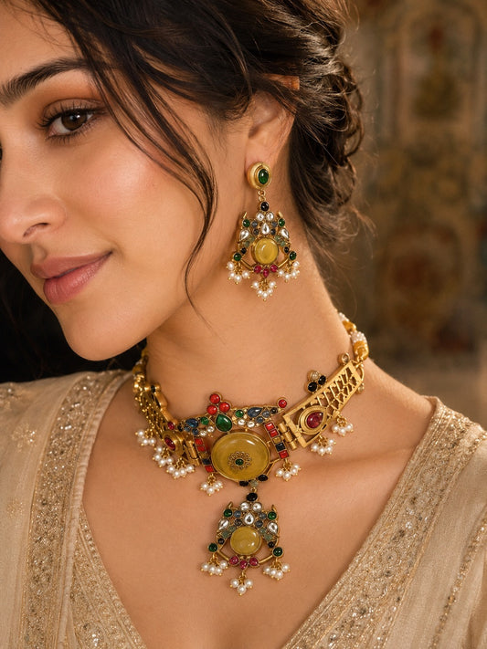TAVISHA 24 CARAT GOLD PLATED YELLOW CHOKER SET WITH EARRINGS