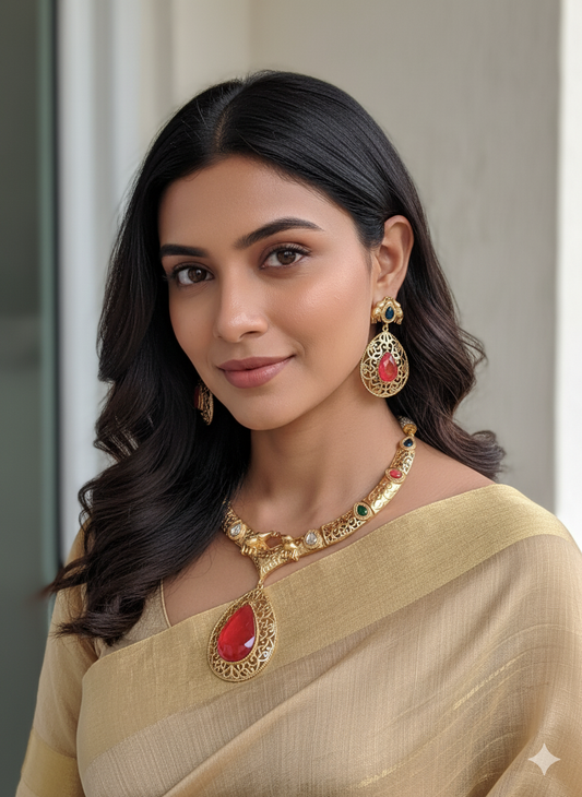 SWARA RED DOUBLET GOLD PLATED NECKLACE SET FOR WOMEN
