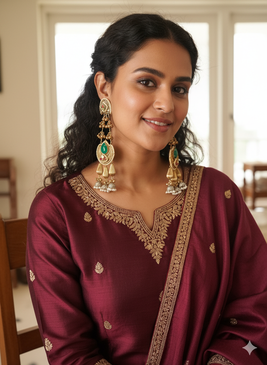 LADLI GREEN  DOUBLET LONG KASHMIRI EARRINGS FOR WOMEN