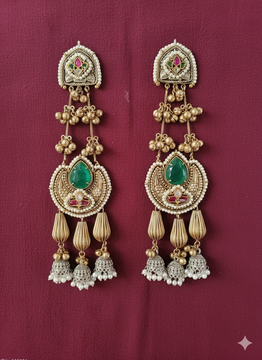 LADLI GREEN  DOUBLET LONG KASHMIRI EARRINGS FOR WOMEN