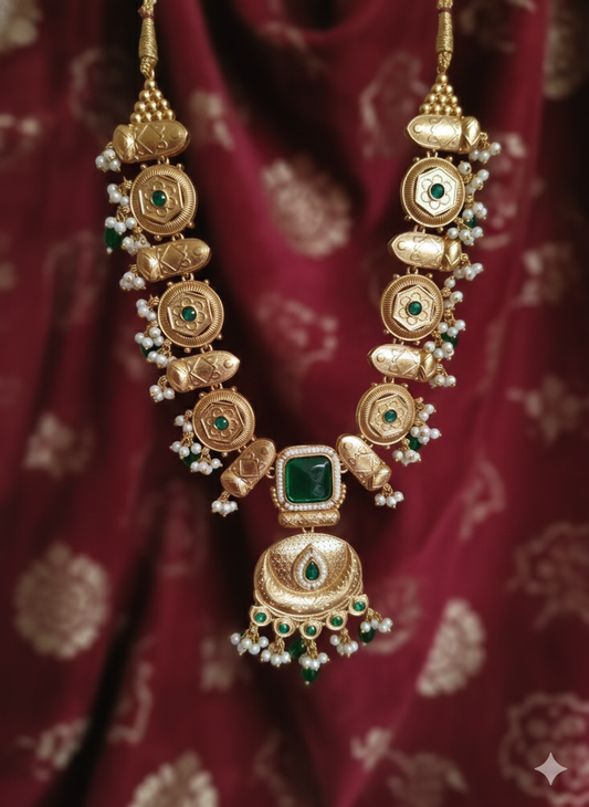 POORVI LONG GOLD PLATED GREEN SAMIPRESIOUS STONE  NECKLACE SET FOR WOMEN