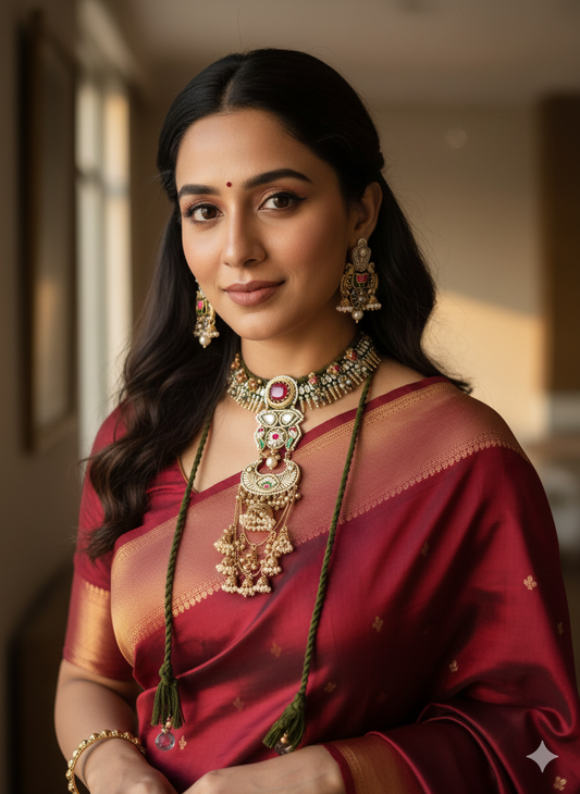 GUNJ FUSION STATEMENT KASHMIRI NECKLACE SET WITH EARRINGS FOR WOMEN