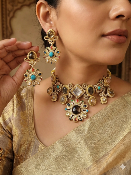 SAHAR STATEMENT FIRE STONE NECKLACE WITH EARRINGS FOR WOMEN