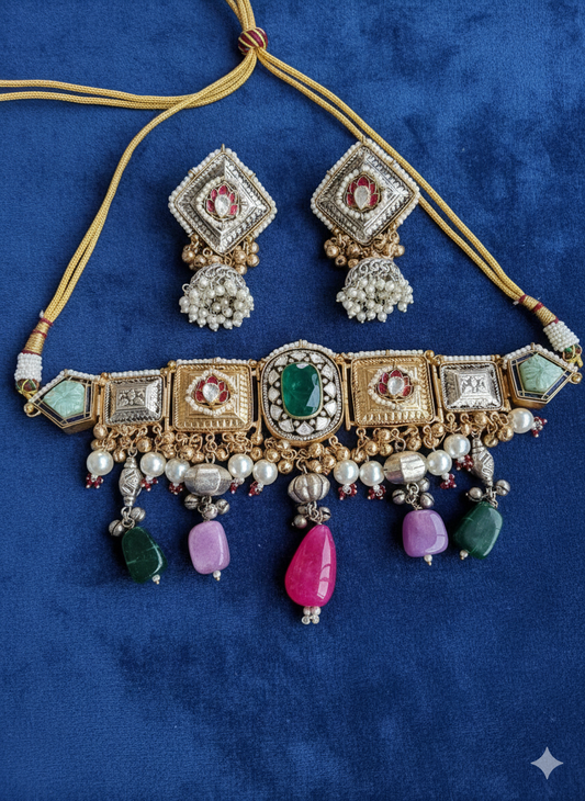 PARI GREEN DOUBLET KASHMIRI  GOLD PLATEDCHOKER IN PREMIUM QUALITY
