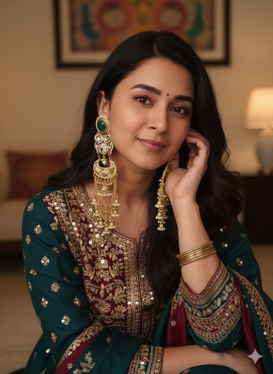 RASIYA  GREEN DOUBLET STATEMENT KASHMIRI EARRINGS FOR WOMEN