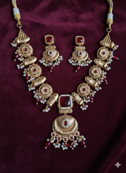 POORVI LONG GOLD PLATED RED SAMIPRESIOUS STONE  NECKLACE SET FOR WOMEN