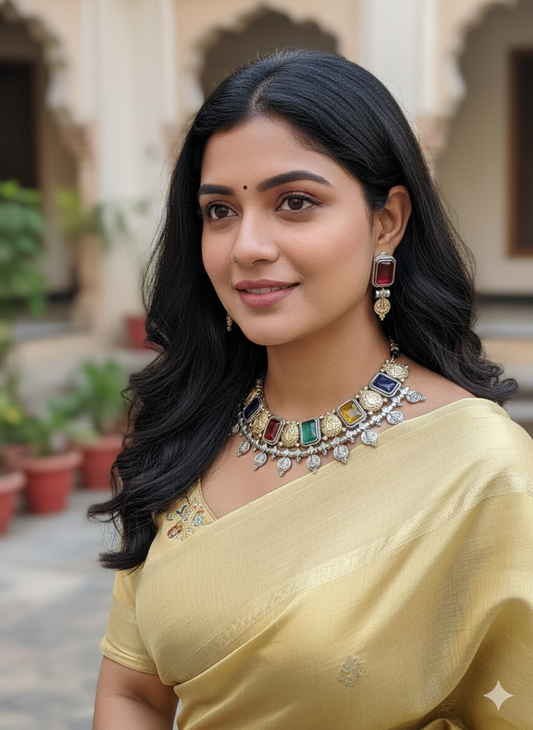 AARNAA DUALTONE MULTI STONE BRASS NECKLACE SET FOR WOMEN