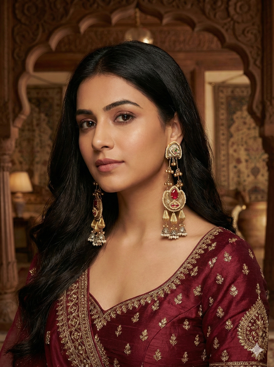 LADLI RED  DOUBLET LONG KASHMIRI EARRINGS FOR WOMEN