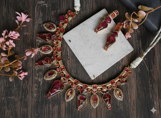 NIRALI NATURAL STONE GOLD PLATED  RED NECKLACE WITH ARRINGS