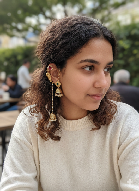 PAKHI GOLD PLATED EARCUFF WITH DETACHABLE PEARL CHAIN