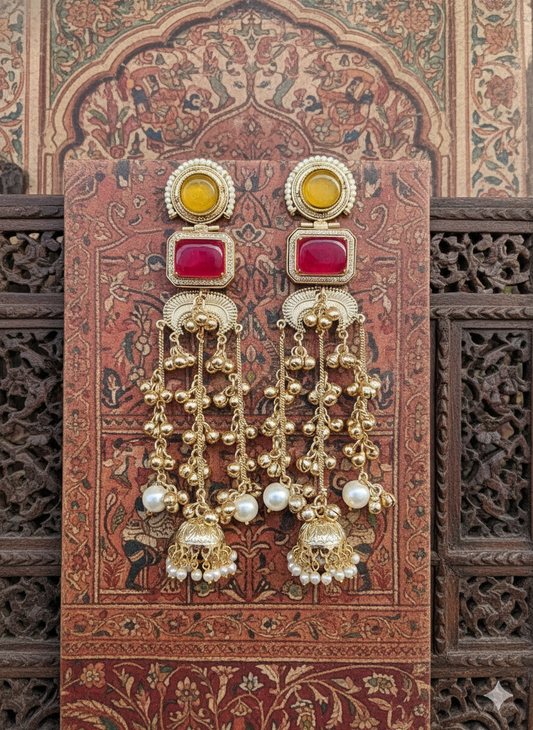 NAZAKAT LONG YELLOW,RUBY KASHMIRI GHOONGROO EARRING  FOR WOMEN
