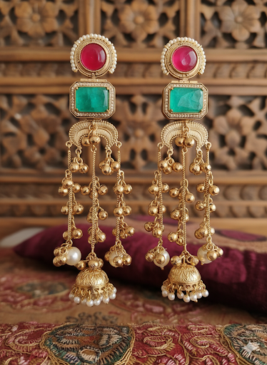 NAZAKAT LONG MINT,RUBY KASHMIRI GHOONGROO EARRING  FOR WOMEN