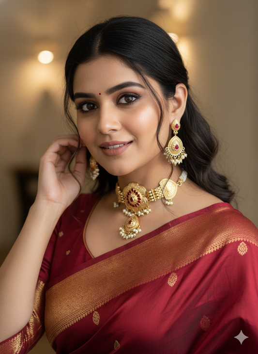 DEVDETI GOLD PLATED RUBY CHOKER SET FOR WOMEN