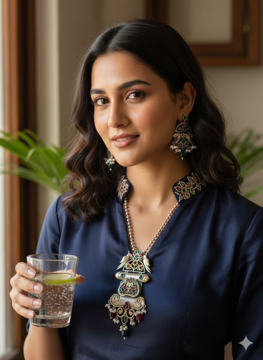 ARSHIA DUALTONE LONG PENDENT SET  FOR WOMEN WITH EARRINGS