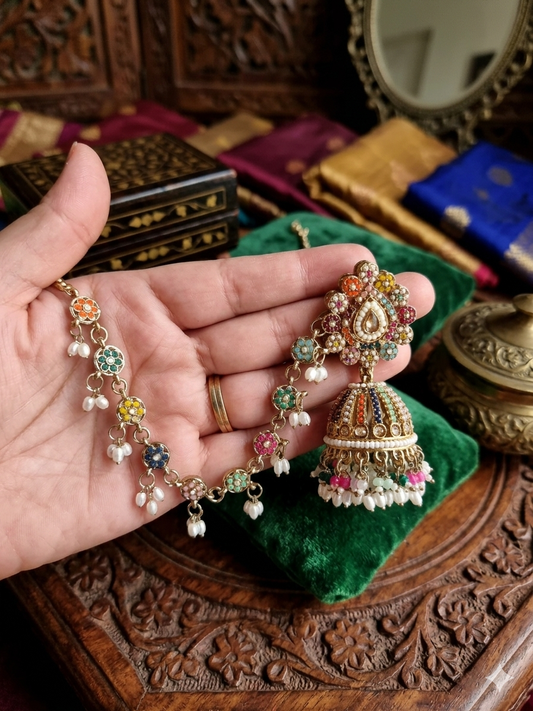 RIMJHIM JADAU NAVRATAN EARRINGS WITH EARCHAIN FOR WPMEN
