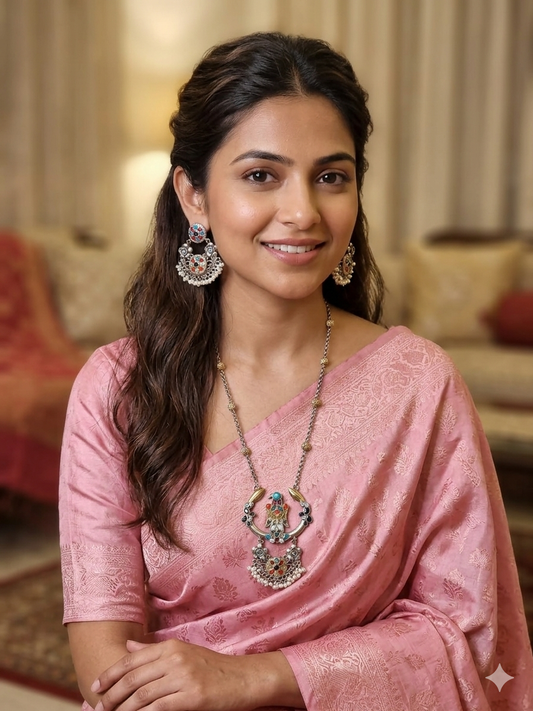 APSARA LONG DUALTONE NAVRATAN PENDENT SET WITH EARRINGS FOR WOMEN