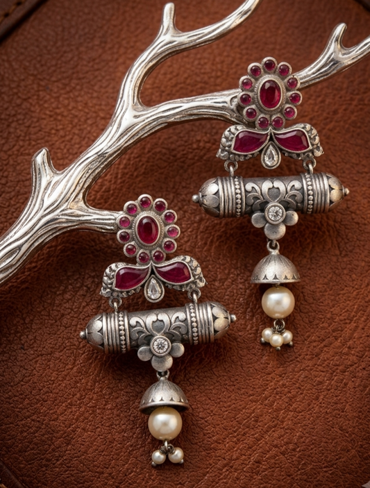 SAKHI SILVER PLATED RED LONG EARRINGS FOR WOMEN