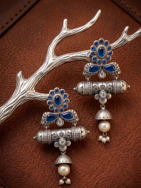 SAKHI SILVER PLATED BLUE LONG EARRINGS FOR WOMEN