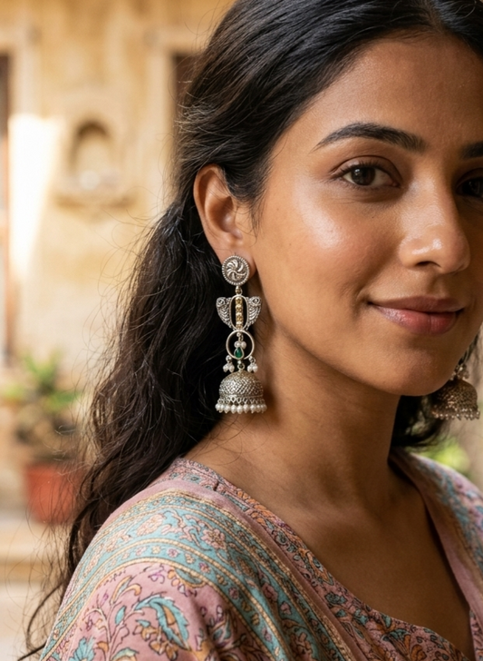 SAADGI DUALTONE BRASS LONG JHUMKA EARRINGS