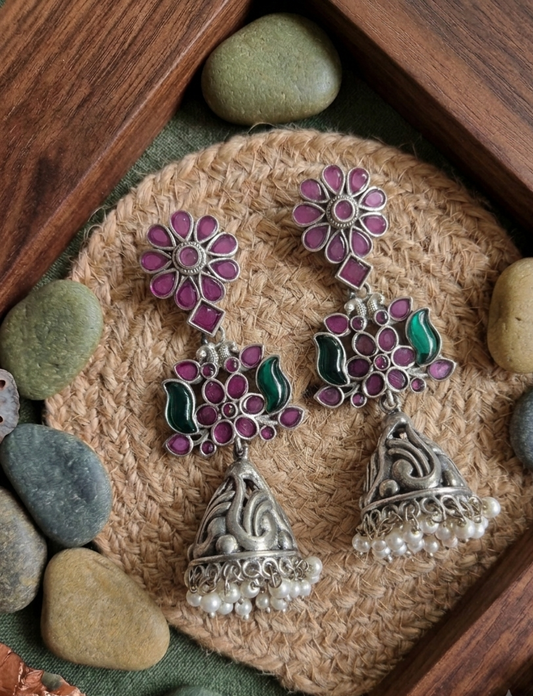 PREET 92.5 SILVER PLATED RUBY GREEN EARRINGS