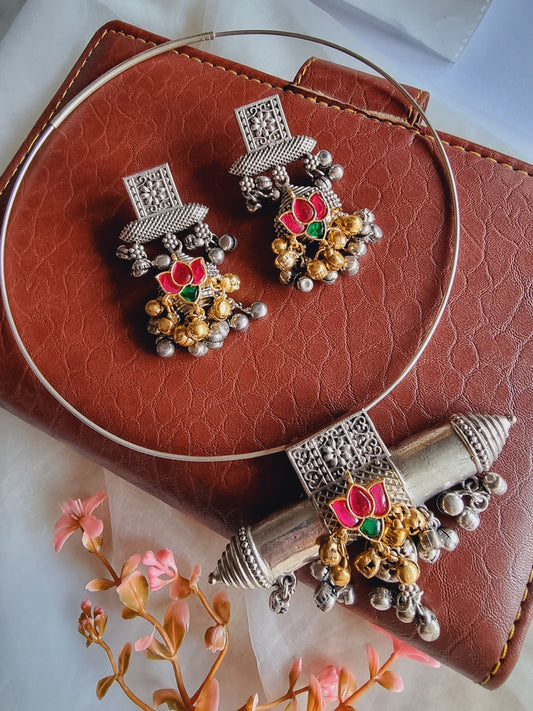 KAMLAWATI SILVER PLATED KUNDAN BRASS HASLI SET