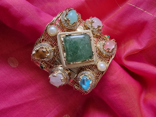 RUHAN SEMIPRESIOUS STONE GOLD PLATED HANDMADE HANDCUFF FOR WOMEN