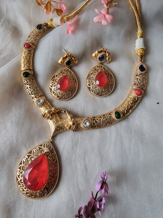 SWARA RED DOUBLET GOLD PLATED NECKLACE SET FOR WOMEN