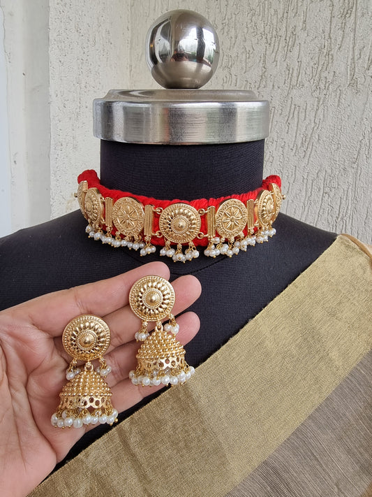 BAISA GOLD PLATED HANDMADE THREAD NECKLACE SET WITH EARRINGS