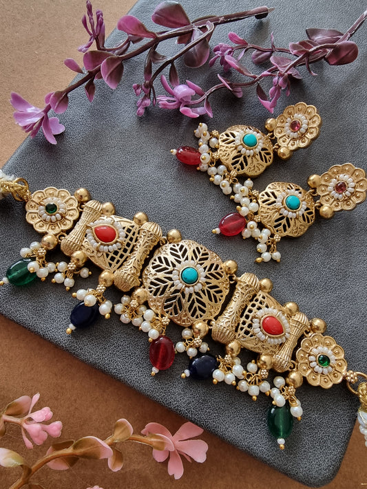RUNJHUN GOLD PLATED MULTI CHOKER SET FOR WOMEN