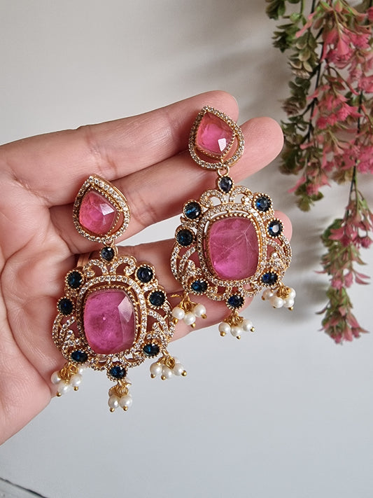 KAVERI PINK BLUE DOUBLET NECKLACE WITH EARRINGS FOR WOMEN
