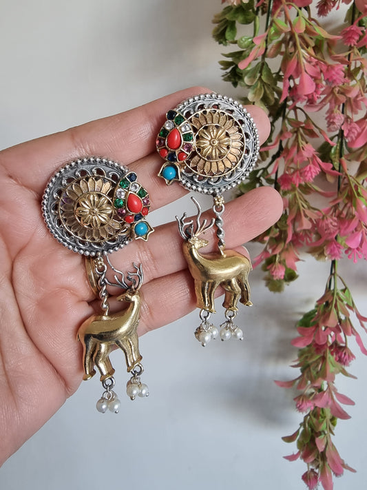 GOLDEN HANGING DEER RED GREEN LONG EARRINGS FOR WOMEN