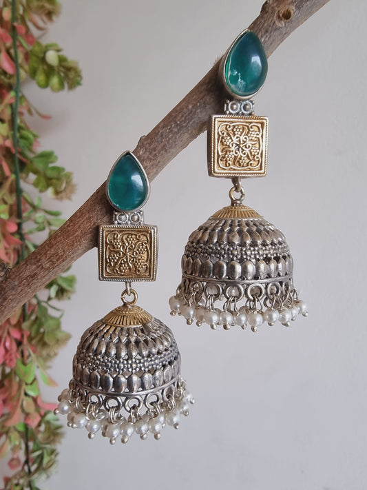 SHAMA DUALTONE LONG BRASS JHUMKA EARRINGS