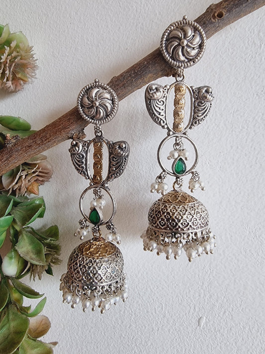 SAADGI DUALTONE BRASS LONG JHUMKA EARRINGS