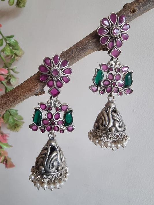 PREET 92.5 SILVER PLATED RUBY GREEN EARRINGS