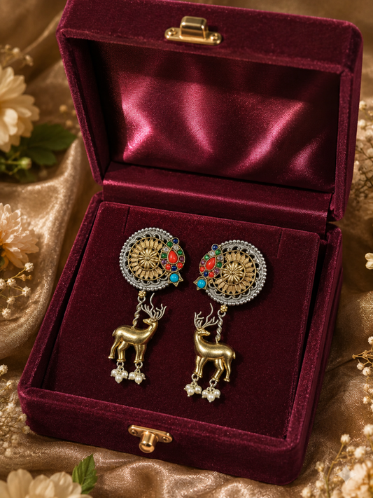 GOLDEN HANGING DEER RED GREEN LONG EARRINGS FOR WOMEN