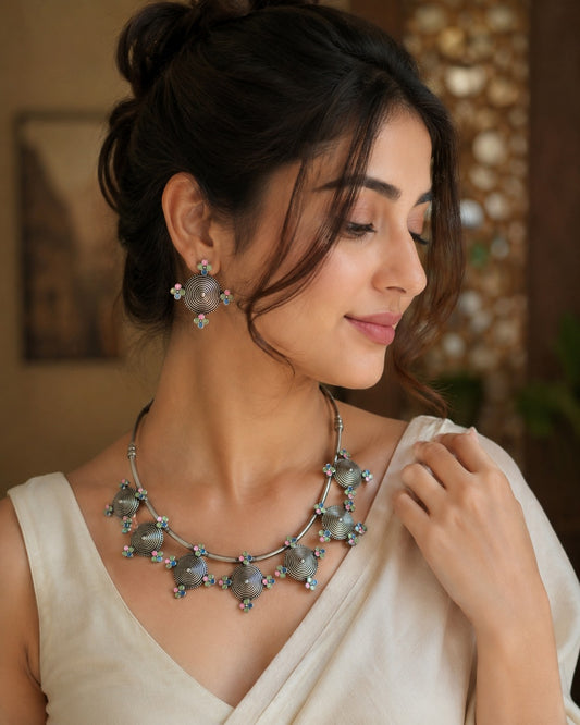 BAWRI OXIDIZED BRASS MEENAKARI HASLI WITH EARRINGS AND FINGERRING