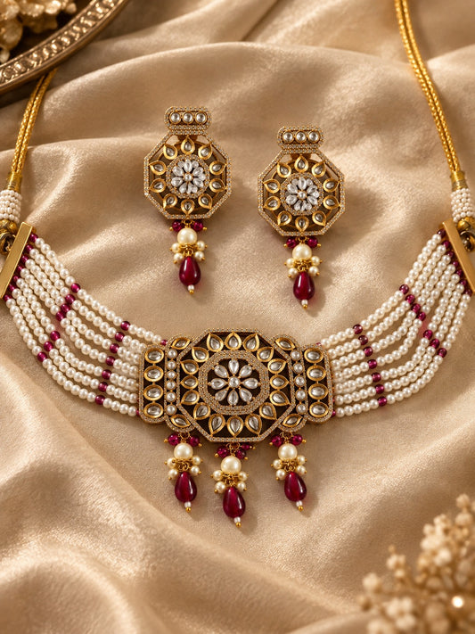 SARASWATI PEARL KUNDAN  NECKLACE WITH EARRINGS