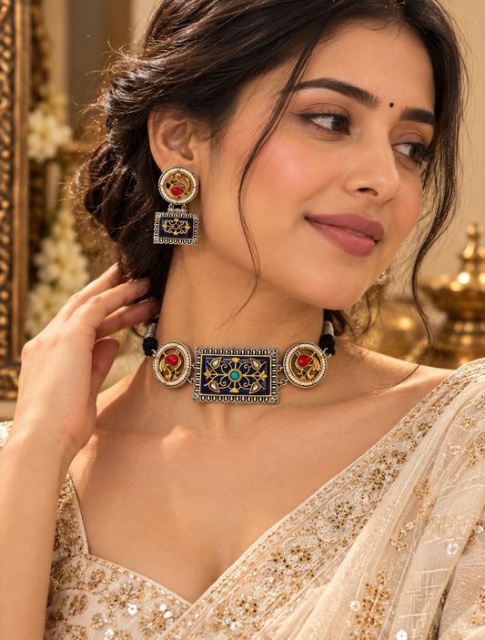 TAMRITA ROYAL BLUE MEENAKARI STATEMENT CHOKER SET WITH EARRINGS