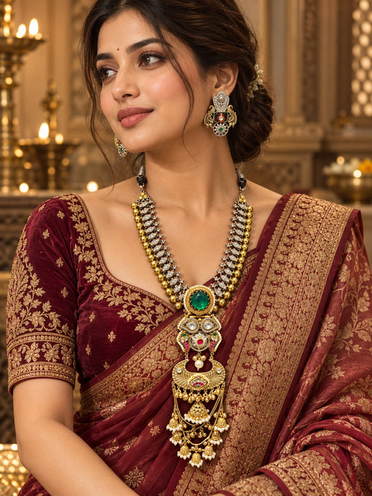 NOOH FUSION STATEMENT BRASS DOUBLET NECKLACE WITH EARRINGS