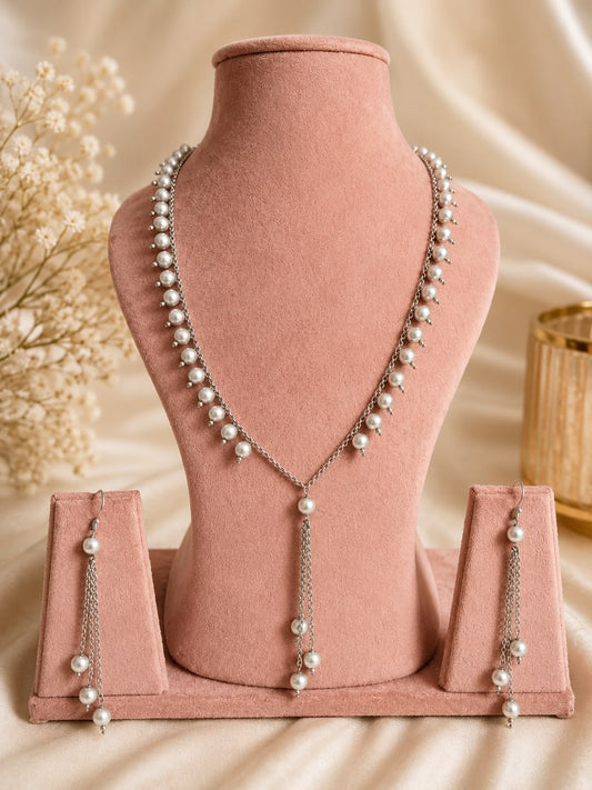 RAAG E BAHAAR LONG SILVER OXIDOZED NECKLACE WITH EARRINGS