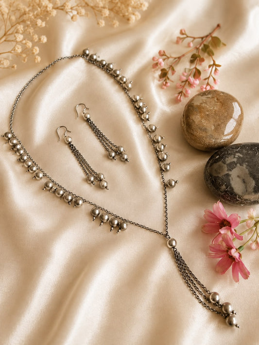 RAAG E BAHAAR LONG SILVER OXIDOZED NECKLACE WITH EARRINGS
