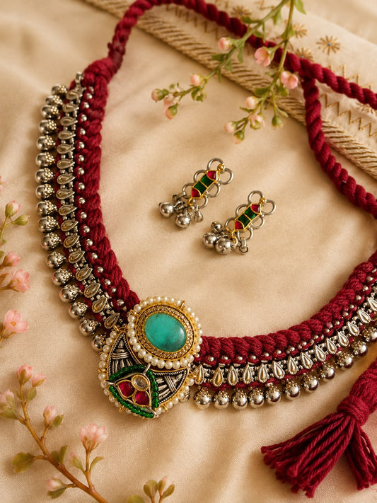 RANGILI FUSION THREAD BRASS HANDMADE NECKLACE WITH EARRINGS