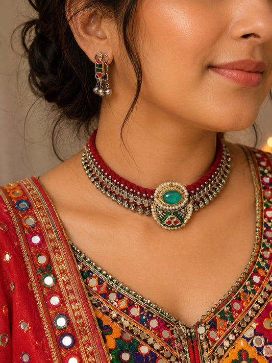 RANGILI FUSION THREAD BRASS HANDMADE NECKLACE WITH EARRINGS