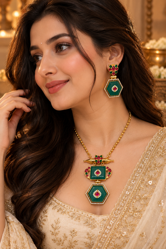 VARNIKA Hexagon Pendant Statement Necklace Set with Earrings