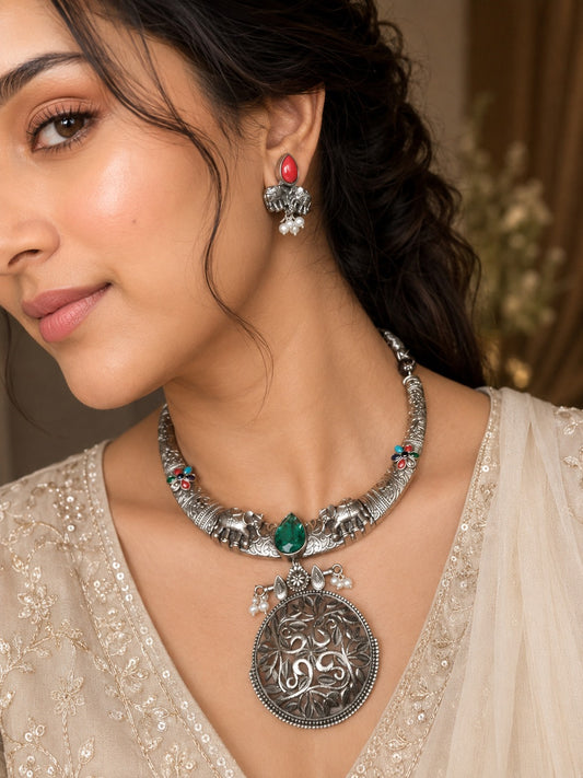 NOOR E CHAND SILVERPLATED NECKLACE WITH EARRINGS