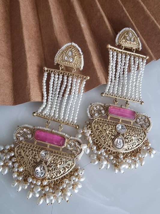 AROHA PINK , WHITE COLOR GOLD PLATED LONG EARRINGS FOR WOMEN