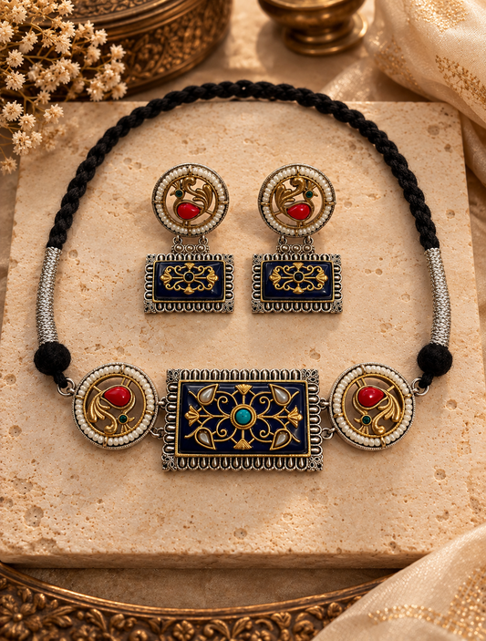 TAMRITA ROYAL BLUE MEENAKARI STATEMENT CHOKER SET WITH EARRINGS